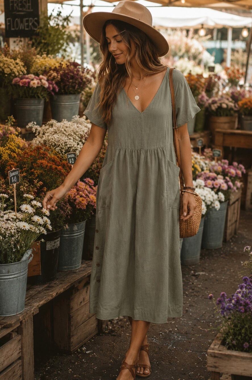 Poetry Bay Green Linen V-Neck Short Sleeve Side Button Detail Maxi Dress US 18